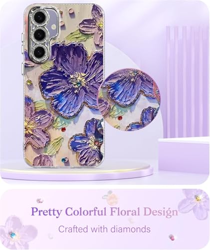 Image of Elzzi Compatible with Samsung S24 FE 5G Case Laser Flower Oil Painting Cute Colorful Blue Ray Bumper with Full Camera Protection Shockproof PC+TPU Glossy Shiny Cover for Girls Women, Purple