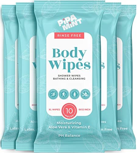 Body Wipes (5 Pack) – 50 XL Shower Wipes, Body Wipes for Adults Bathing, Bedridden wipes - Bath Wipes for Adults No Rinse with Vitamin E & Aloe Vera, Rinse Free (8x12 Inch)