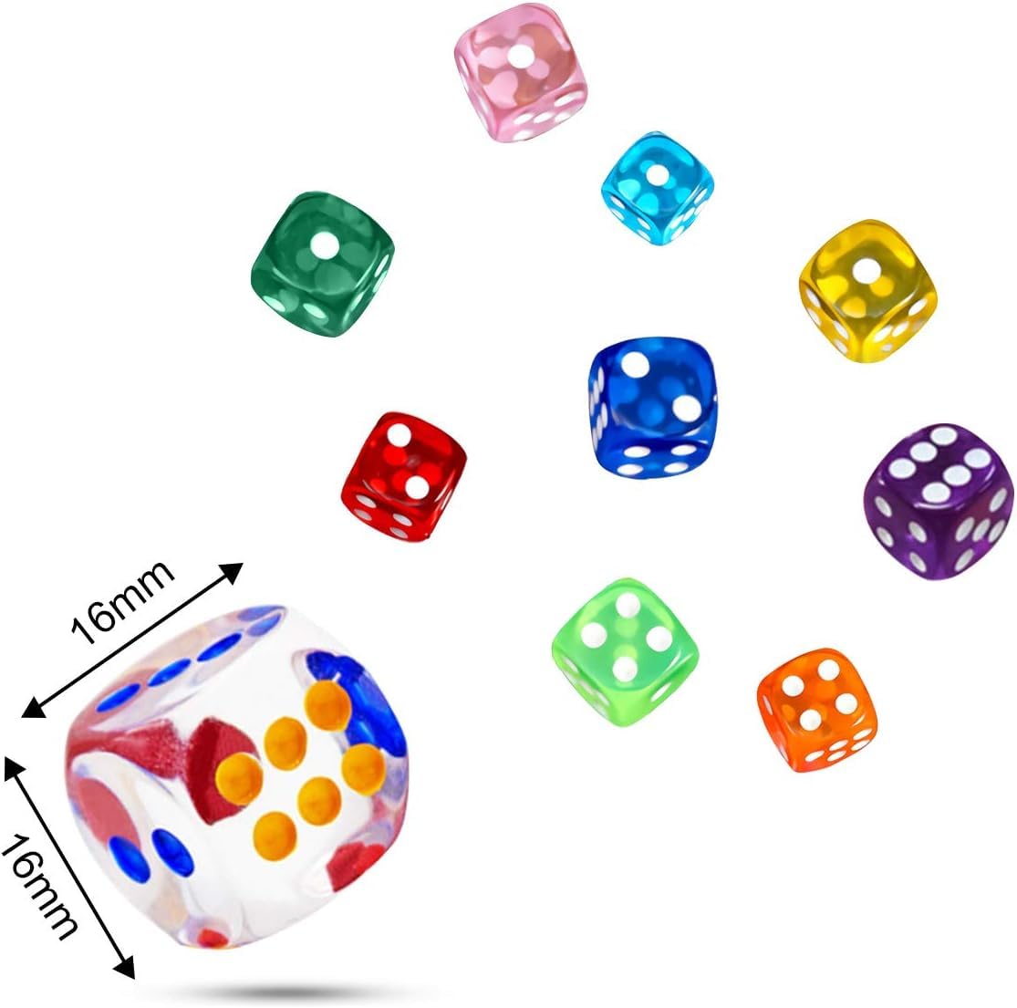 100 Pezzi Dadi da Gioco in Acrilico 10 Traslucido Colori, 16 mm Esaedro Dadi per enzi, Farkle, Yahtzee, Bunco or Insegnare i Matematici