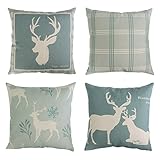 BLEUM CADE Set of 4 Decorative Throw Pillow Covers Cushion Couch Pillow Cover 100% Cotton Linen Deer Pattern for Home Office Car Sofa 18x18 inches (45x45 cm)