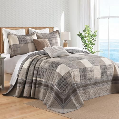 Image of 100% Cotton Oversized King Bedspread 128x120, Brown Khaki Plaid
