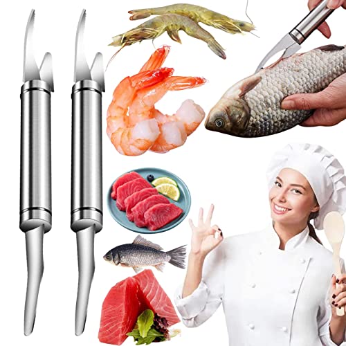 Couteau À Gueule De Poisson Multifonctionnel 5 en 1, Outil pour Éplucheur et Déveiner les Crevettes, Écailleur à Poisson de Acier Inoxydable, Couteau Poisson (2 Pcs) Cover