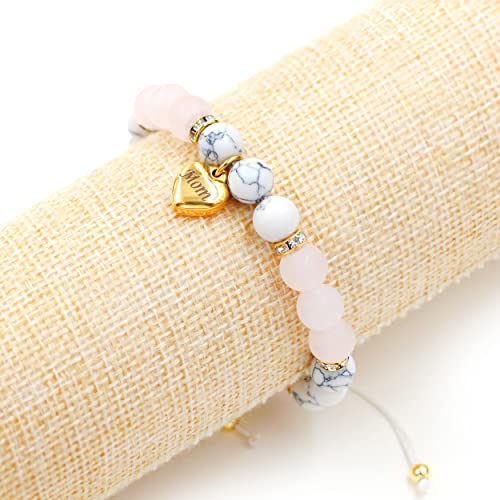 Image of Uloveido Natural Stone Mom Heart Charms Beaded Bracelets for Mum from Son or Daughter With Massage Card and Box | Mothers Day Jewelry Gifts