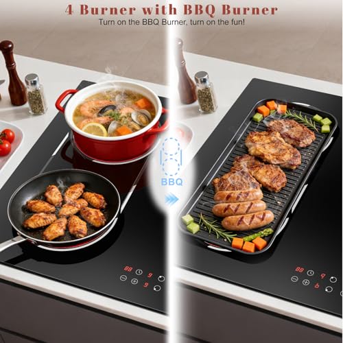 Image of 24 Inch Electric Cooktop Built-in, 4 Burner Electric Stove with 6900W Total High Power, 24 inch Ceramic Cooktop with BBQ Burner, Touch Control, Child Safety Lock, 220V-240V Hard Wire, No Plug
