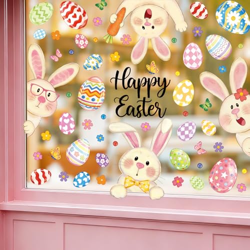 Feivando 8 Sheets Easter Window Clings Stickers Happy Easter Bunny Eggs Window Decals for Holiday Party Home Office Shop Glass Display Decoration