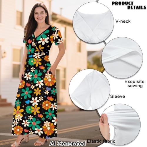 Image of Women's Fall Summer Short Sleeve Ankle Length V-Neck Party Dress with Pockets Size S-3XL