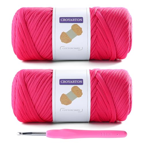 Image of 2 Pack T Shirt Yarn for Crocheting with 1 Crochet Hook, Elastic Tshirt Yarn for Crochet Bag /Baskets /Home Decor, Spaghetti Yarn Thick Knitting Yarn Total Length 130 Yds, Weight 14 Oz (Rose Red)