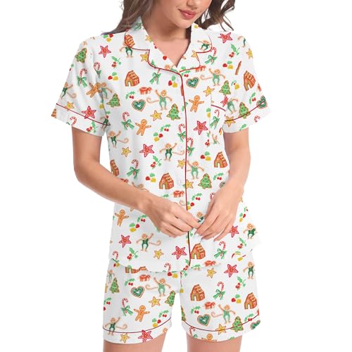 Image of Ammiko Womens Pajamas Set Y2k Loungewear Pajama Button Down Top and Shorts Monkey Beach Short Sleeve Sleepwear Preppy