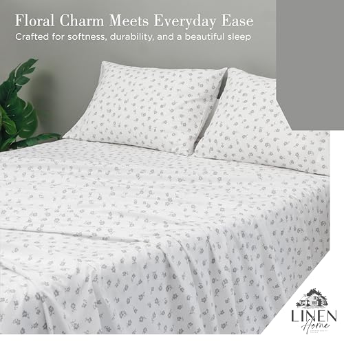 Image of Linen Home 100% Cotton Printed Percale Sheet Set Queen Size, 4 Piece Deep Pocket Floral Bedding, Crisp Cool & Breathable, Fade-Resistant Design, Hotel Luxury, Long-Staple Cotton, Grey Silhouette
