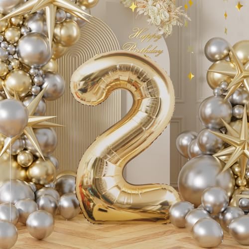 Image of AULE 40 Inch Large 2 Balloon Numbers Light Gold, Big Foil Number Balloons, Giant Helium Happy Birthday Party Decorations for Man and Women, Huge Mylar Anniversary Party Supplies