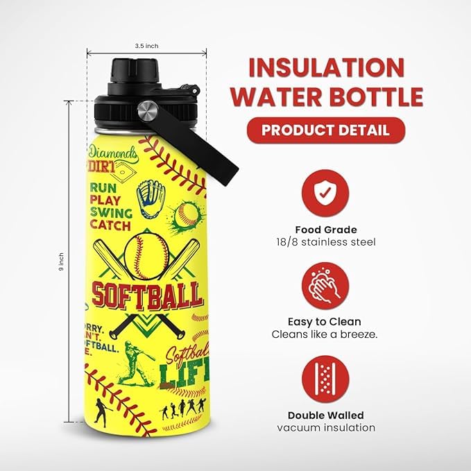 Image of Softball Gift Water Bottle With Lid, 32oz Insulated Stainless Steel Sport Bottles - Softball Players Fan Coach
