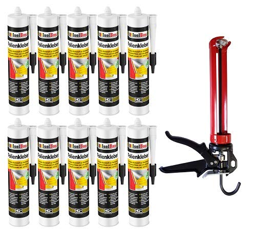 Isolbau Profi Folienkleber Set inkl. HQ Auspresspistole - Bauelastischer 1K Klebe-Dichtstoff zur Verklebung von Kunststofffolie, Dampfbremsen & Dampfsperren - 10 x 450 g