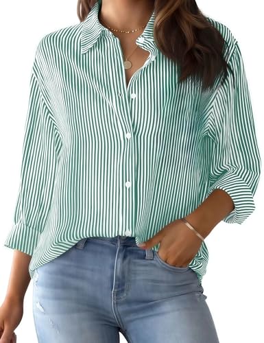 LOMON Button Down Shirt for Women Spring Summer Tops Long Sleeve Striped V Neck Business Office Blouses Outfits (Green White Strip, M)