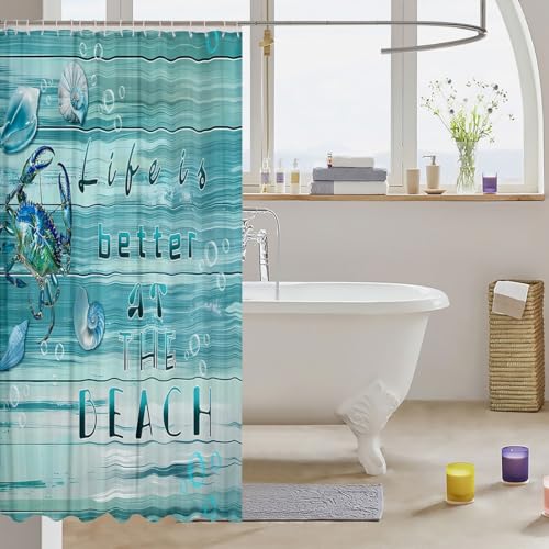 Homemissing Krabbe für Stände Küstenstrand Duschvorhang 180x200cm für Jungen Mädchen Bauernhaus Holz Sommer Hawaiianisches Seeleben Ozean Marine Muscheln Muster Ganze Saison
