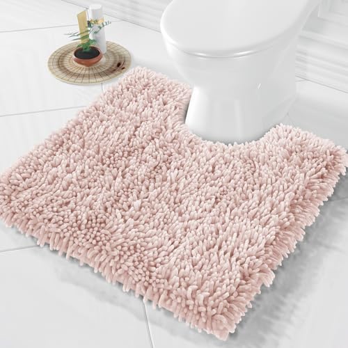 Image of Yimobra Toilet Rugs U Shaped Washable, Extra Thick Soft Absorbent Chenille Contour Bathroom Rugs for Toilet 24x24 Inch, Quick Dry Non Slip Toilet Mat for Bath Floor, Pink
