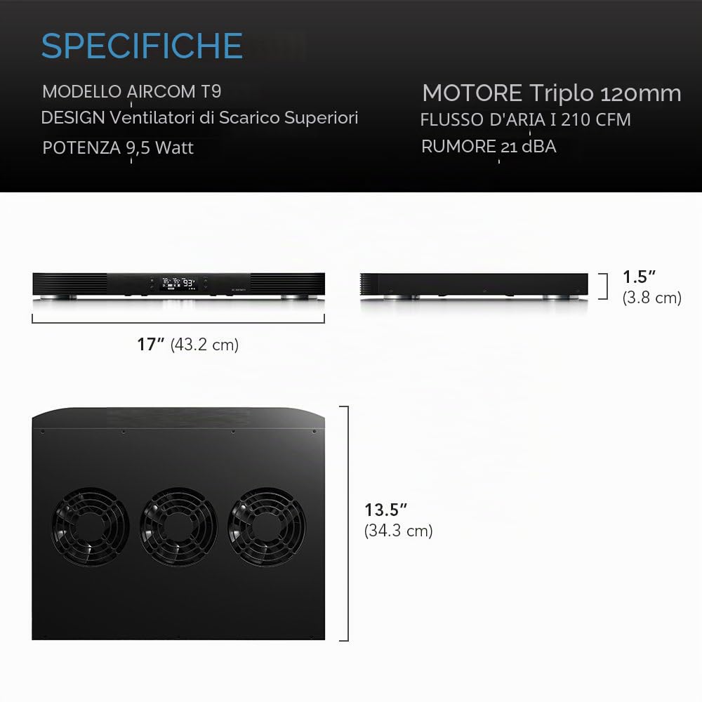 AC Infinity AIRCOM T9, ventola di raffreddamento silenziosa 17" (43 cm) per ricevitore, amplificatore, DVR, componenti AV Cabinet