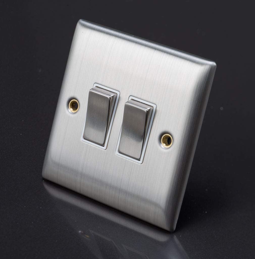 Dencon Brushed Stainless Steel/Satin Chrome 2 Gang Double Switch with Rounded Edge and White Insert