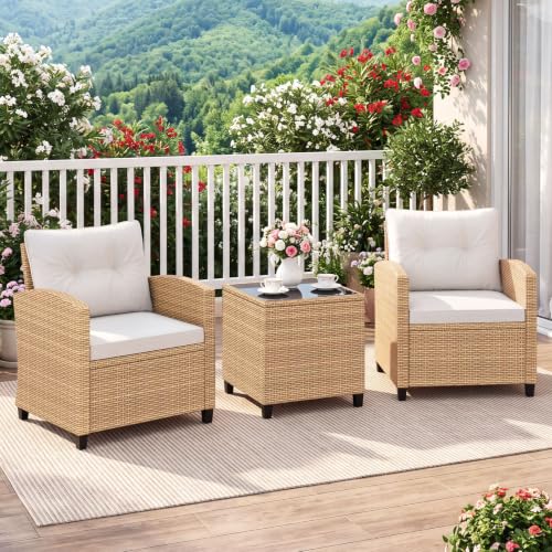 Image of Tangkula 3 Pieces Patio Furniture Set, PE Rattan Wicker 3 Pcs Outdoor Sofa Set w /Washable Cushion and Tempered Glass Tabletop, Conversation Furniture for Garden Poolside Balcony (Light Brown -White)