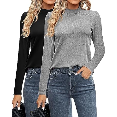 Ficerd 2 Pack Women's Mock Neck Shirts, Long Sleeve Turtleneck Tops Casual Comfy T Shirts Stretch Fitting Trendy Tee (Black, Light Gray,Large) Cover