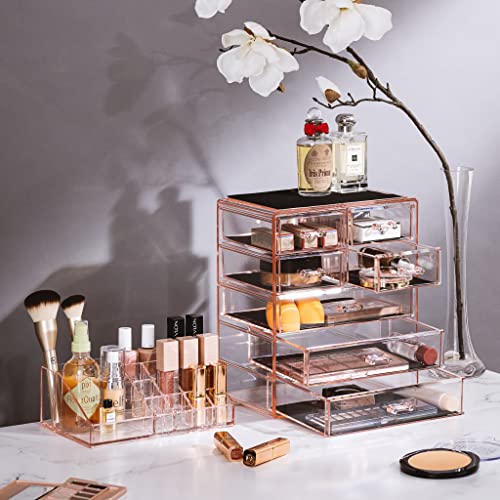 Image of Sorbus Acrylic Makeup Organizer Set, 7-Drawer Vanity & Countertop Cosmetic Storage with Small & Wide Compartments, Pink Makeup Storage for Brushes, Jewelry - Holiday Gift for Women & Teens