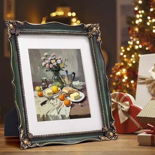 Image of Vintage 11x14 Picture Frame with Embossed Flower, Green Ornate Frame for 11x14 or 8x10 Photos with White Mat, Hand-Crafted Resin Antique Frames for Tabletop & Wall Hanging, Home Decor (Green )