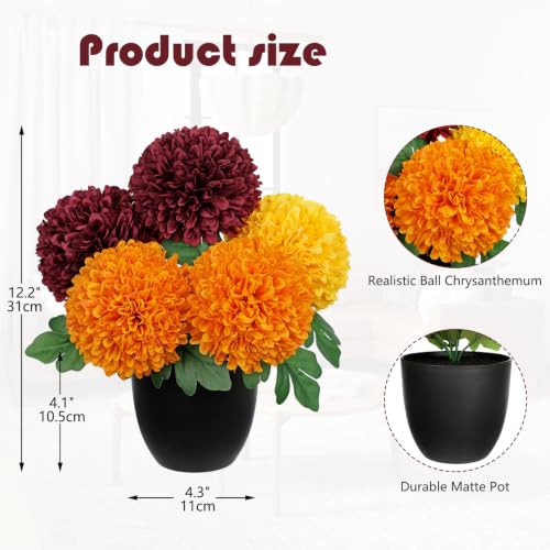 Image of Briful Artificial Mums - Realistic Silk Fall Chrysanthemums in Black Pot, Faux Potted Flowers for Home, Table Centerpiece, Porch, Indoor & Outdoor Autumn Decor