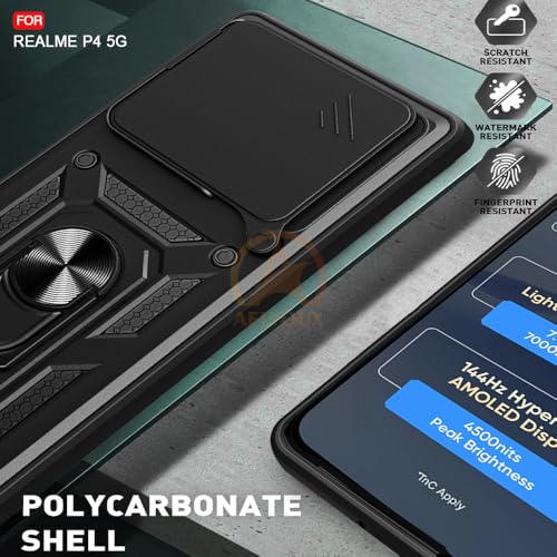 Image of Armor Bumper Back Cover Case for Realme P4 5G Rotating Camera Cover, Ring Holder & Kickstand | Heavy Duty & 360 Degree Protection Realme P4 5G Back Cover (Black)