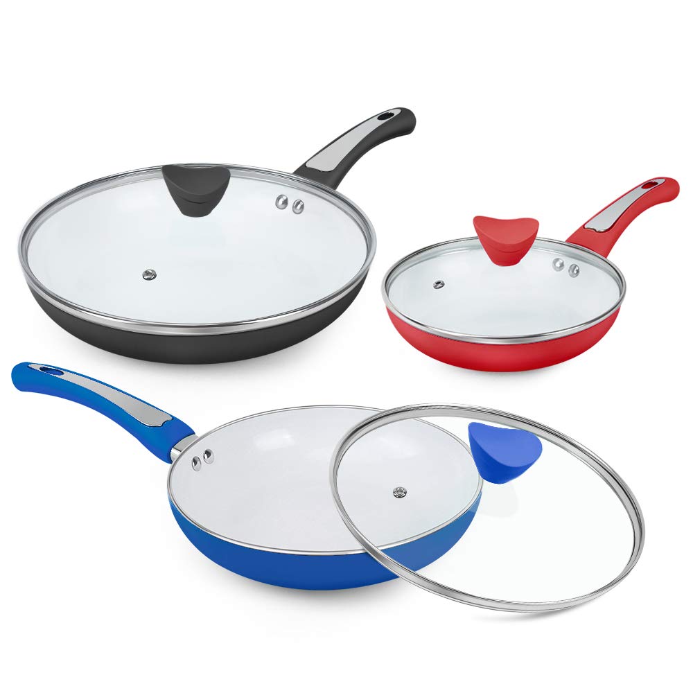 SHINEURI 6 Pieces Ceramic Nonstick Pan Set - 8/9.5/11 inch, Fry Pan Set with Lid, Fry Pan Set with Induction Base for Indu...