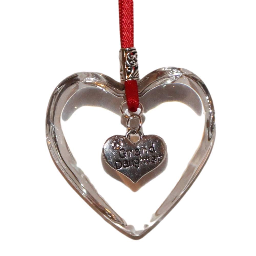 The Heart Shack Bright Red Ribbon Glass Hanging Heart Christmas Tree Decoration With Granddaughter Charm
