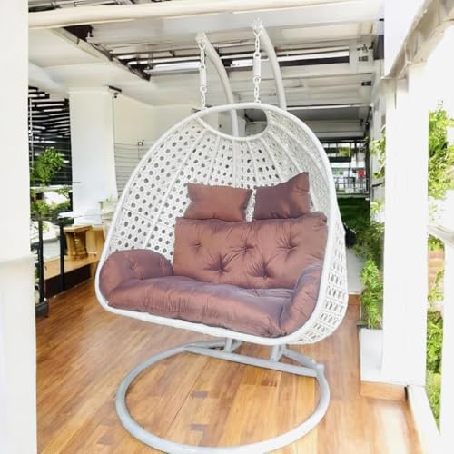 Image of Double Seater Hammock Swing Chair with Stand & Cushion | Heavy Duty Powder Coated Steel Frame | Outdoor Indoor Hanging Swing for Patio Balcony Garden Terrace Living Room (White-Brown)