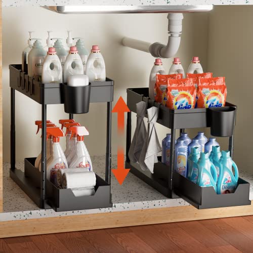 Seculiving Under Sink Organizer, 2 Pack Adjustable Height Pull-Out Under Cabinet Storage With 8 Hooks 2 Cups, 2 Tier Under Sink Organizers And Storage For Bathroom, Kitchen, Cabinet, Countertop #TOP2