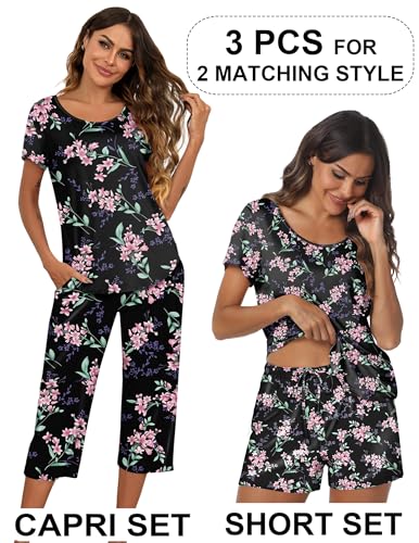 Image of Ekouaer 3 PCS Capri Pajamas for Women Set Short Sleeve Pajama Lounge Sets | Floral Pj Sets Top and Capri Pants Soft Comfy Sleepwear with Pockets for Home, Daily Wear for Mom, Wife, Grandmother