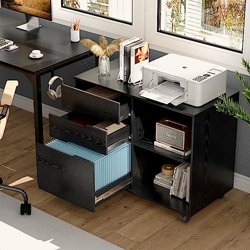 Sweetcrispy SW3CG-9 3-Drawer File Cabinet, Lateral Mobile Filing Cabinet Wood Storage Organizer With Wheels, Printer Stand & Open Shelves For Home Office Under Desk Organization thumb #1