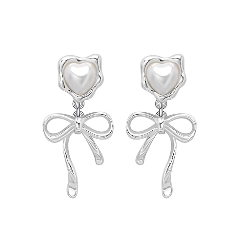DAZLIME Bow Pearl Earrings for Women,Christmas Silver Dangle Earrings Heart-Shaped Pearl Handmade Earrings - Wedding Guest Earrings Small,and