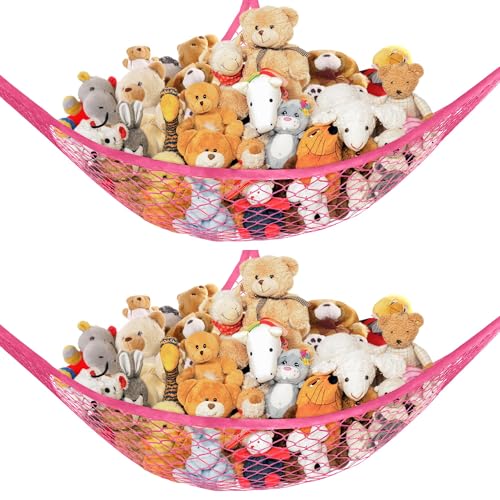 Lazebox Stuffed Animal Net Hammock for Plushie Toys, Stuffed Animal Hammock Corner for Kids' Room Decor, Ideas for Organizing Stuffy Collection, 2 Pack, Pink