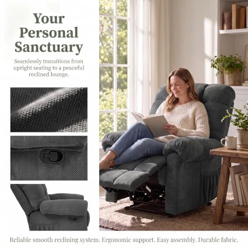 Image of Oversized Manual Recliner Chair with Side Pockets for Home, Gray
