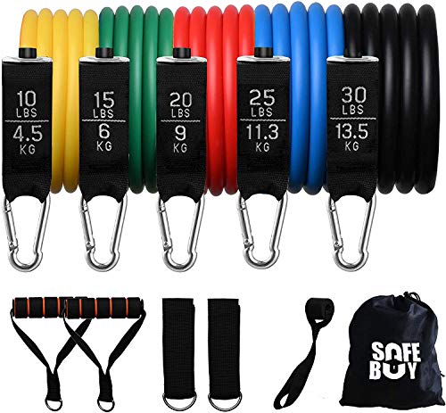 Safe Buy Bandas Elásticas Fitness Resistencia, Set 11 Cintas Musculación de Látex Natural con Guía de Ejercicios Bolsa Almacenamiento para Piernas Brazos Glúteos,Yoga,Pilates,Gimnasio,Entrenamiento