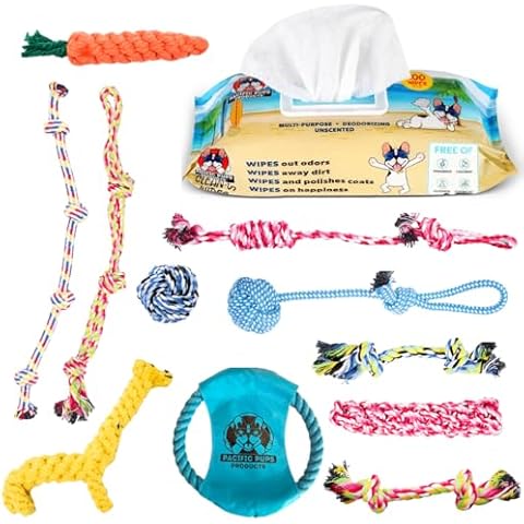 Ultimate Pet Care & Play Bundle: Pacific Pups Organic Dog Wrinkle Wipes & 11-Piece Heavy Duty Dog Rope Toys for Aggressive Chewers - Supports Non-Profit Dog Rescue Cover