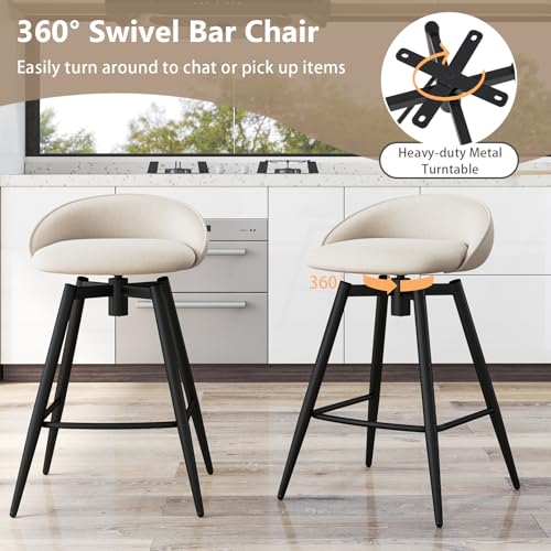 COSTWAY Set de 2 Butacos Tapizados para Barra con Altura de 25", Giratorios 360° con Respaldo y Reposa pies, Estructura Metálica Robusta, Sillas de Desayuno sin Brazos Beige miniatura 3
