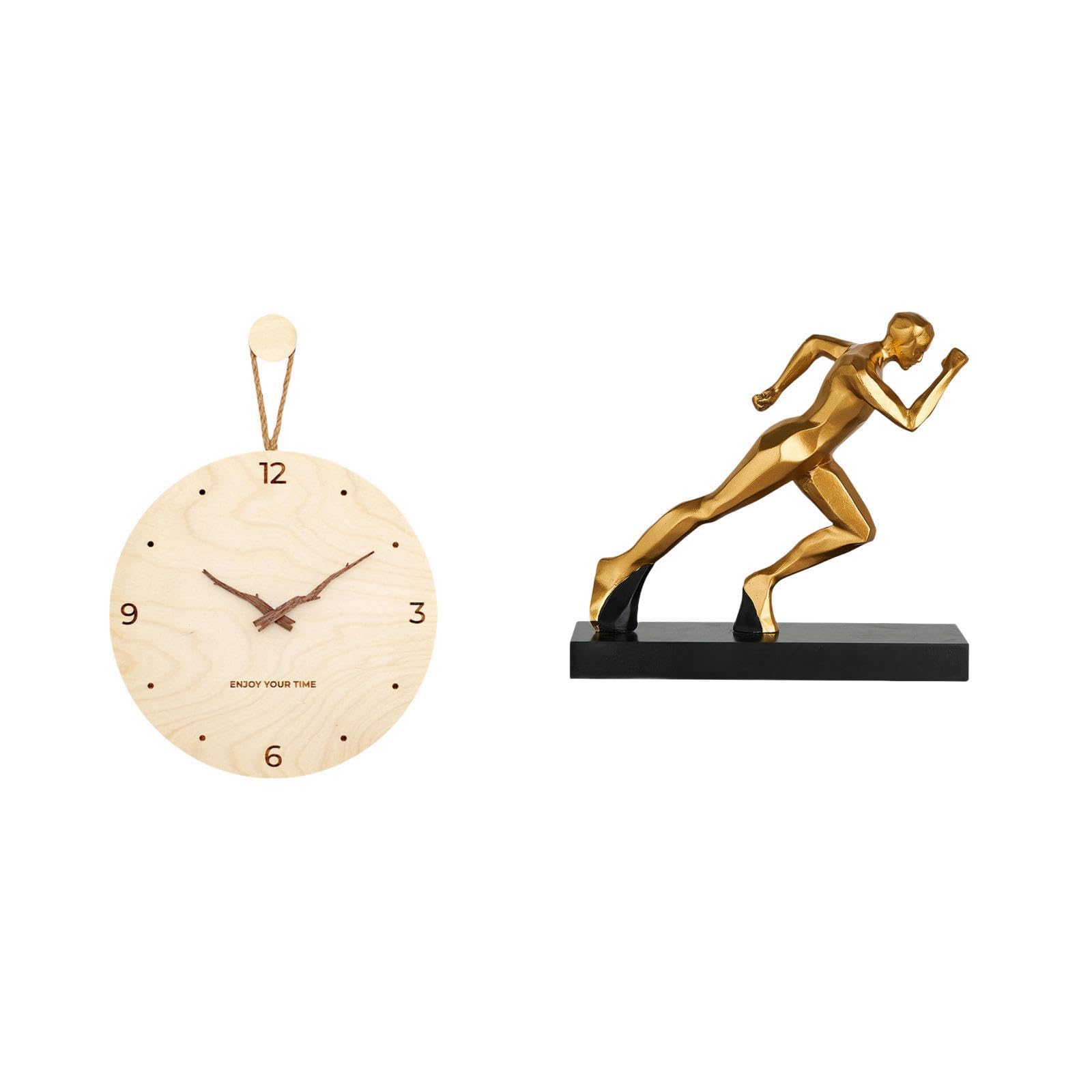 Ojiva® Minimalist Modern Nordic Wood Wall Clock and Abstract Runner Statue | Application Both Items Are Suitable For Bedrooms Living Rooms Offices Kitchens And More And Are Nice Gift Choices For Family-image-2