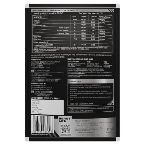 Image of BEASTLIFE Super Micronized Creatine Monohydrate Powder 50g Refill Pack | 13 Servings Tropical Tango Flavor | NABL Lab Tested | Premium Sports Nutrition for Strength & Performance