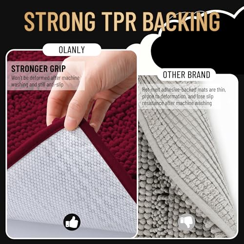 Image of OLANLY Thick Bathroom Runner Rugs 44x24, Extra Absorbent Chenille Striped Bath Rugs, Rubber Backing, Machine Wash Dry, Long Bath Mats for Bathroom, Tub and Shower, Home Decor Accessories, Burgundy