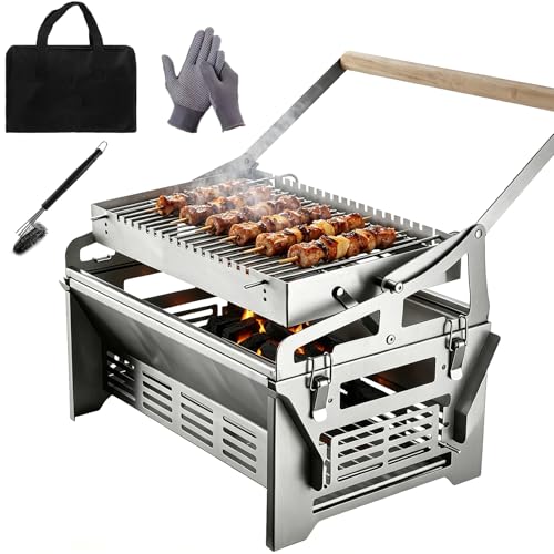 Parrilla de carbón, parrilla de barbacoa al aire libre con función giratoria de 360° y cepillo para barbacoa y guante, parrilla portátil desmontable de acero inoxidable para camping, patio, picnic y