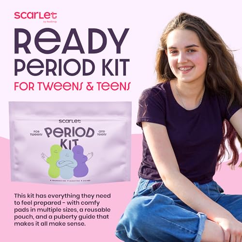 Image of Scarlet 47 Piece Tween Period Kit | First Period Kit for Girls 9-12 | Includes 36 Pads - Light, Moderate, Heavy and Maximum Protection Pads with Wings, 5 Wipes, 3 Heat Patches, Pouch, Pouch and More