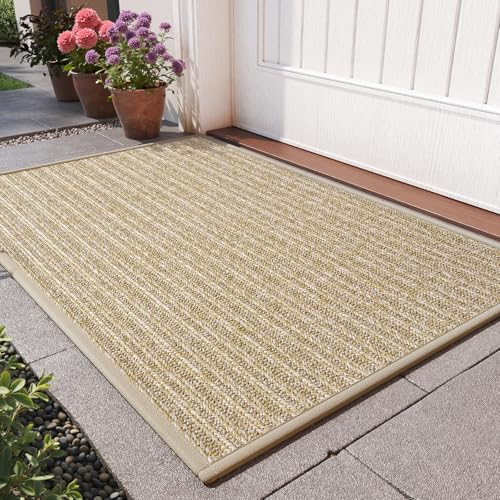 QiCaiJia Front Door Mat 17x30 Heavy Duty Waterproof Dirt Trapping Non-Slip Doormats Low Profile Entrance Mats for Front Indoor/Outdoor Brown