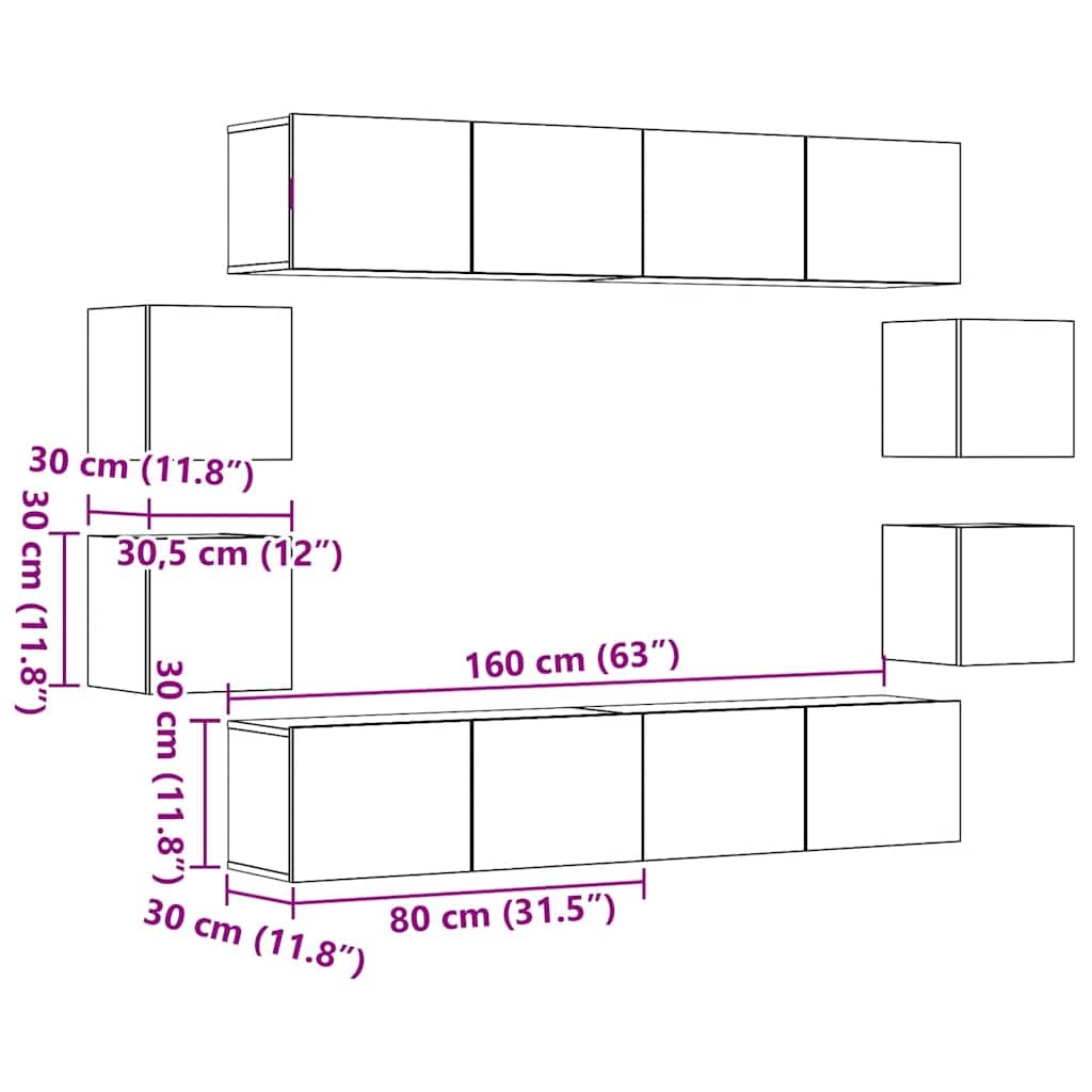 Juego de muebles de pared de 8 piezas en madera vieja de material a base de madera, estilo elegante y moderno con gran espacio de almacenamiento.