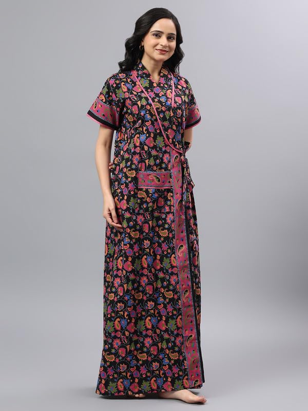 Image of bellamy Women Cotton Printed Maxi Nighty | Front Open Night Gown with Pocket | Regular Fit Sleepwear & Housecoat 1002