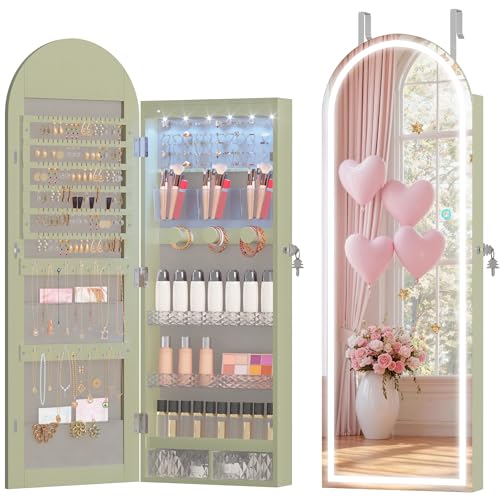 LVSOMT Wall Mounted Jewelry Organizer Lockable, Door Hanging Arched Mirror with Lights and Jewelry Storage, 6 LEDs Jewelry Cabinet (Laurel Green)