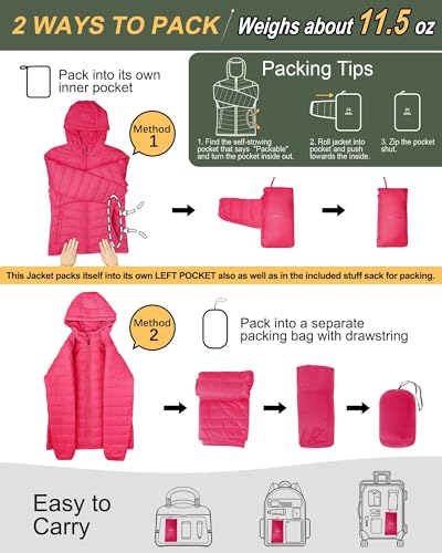 Image of Outdoor Ventures Women's Packable Lightweight Full-Zip Puffer Jacket with Hood Quilted Winter Coat