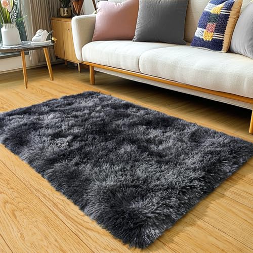 KING DARE Small Area Rugs for Bedroom, 2x3 Throw Rug for Dorm, Shaggy Plush Fluffy Fuzzy Shag Non-Slip Washable Soft Carpet for Bedside Closet Girls Boys Room Decor, Black and Dark Gray